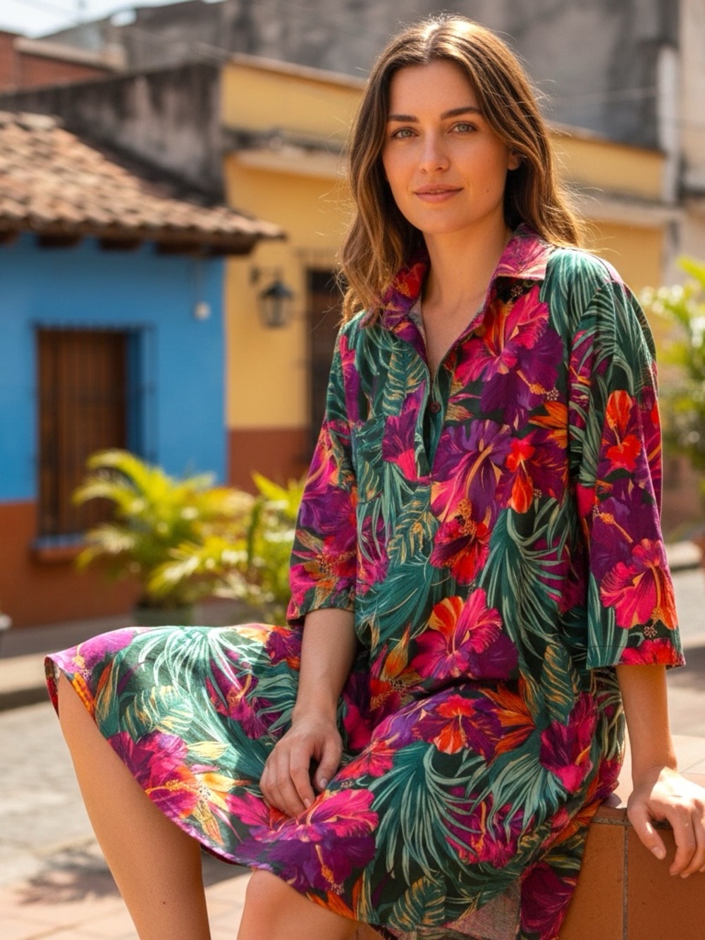 Ekouaer Tropical Floral Shirt Dress - Pink & Green m